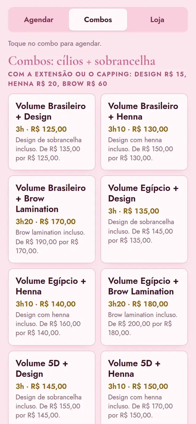 Site da demonstração: a aba Combos, com os combos de cílios, sobrancelha e depilação