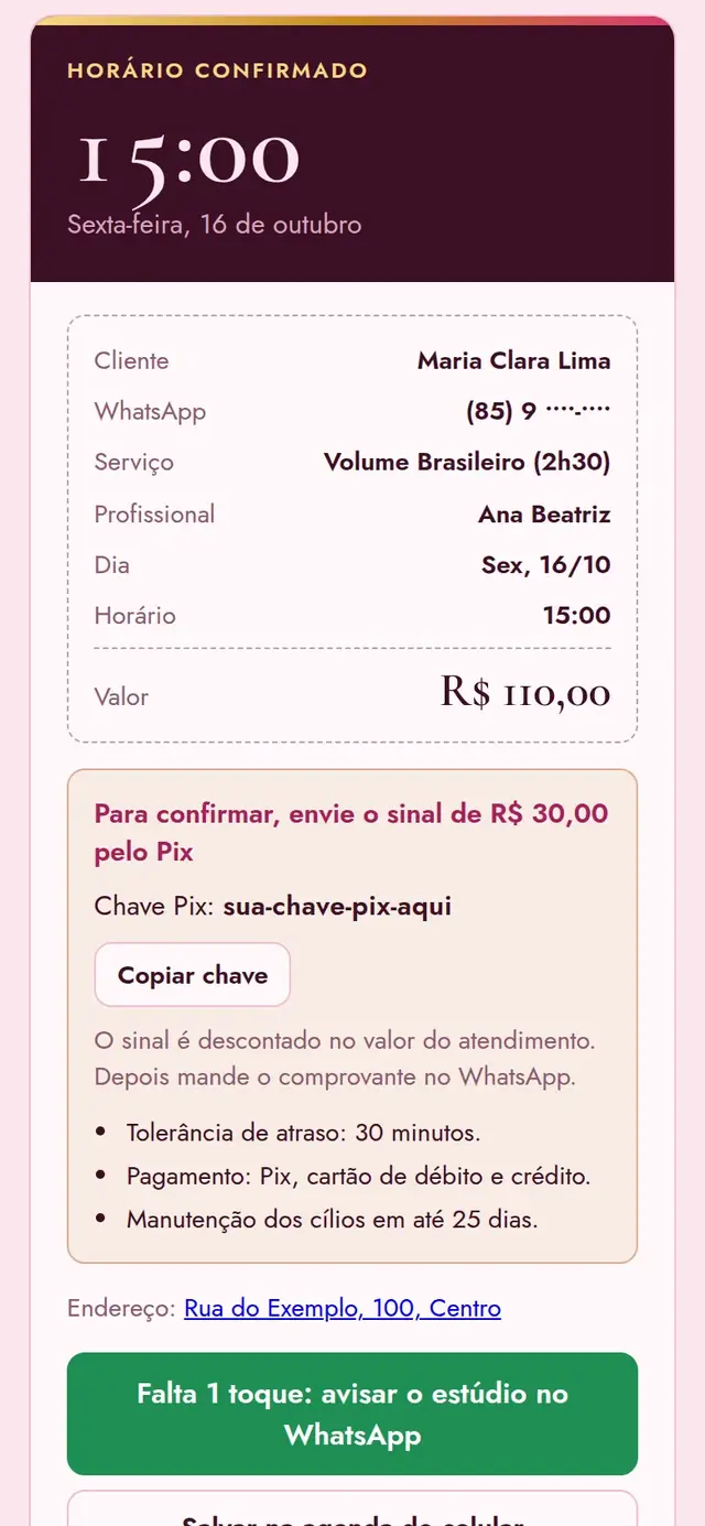 Comprovante do horário com o valor do sinal, a chave Pix, a tolerância de atraso e o prazo da manutenção