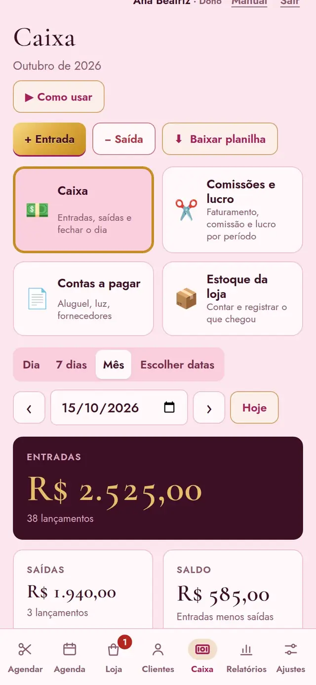 Painel, Caixa: as entradas e as saídas, com os atalhos para comissões e contas
