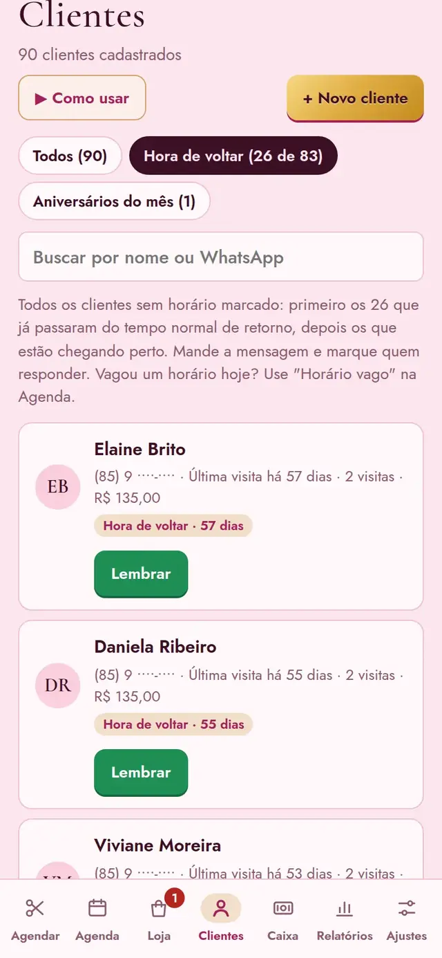 Painel, Clientes: a lista “Hora de voltar” com os dias desde o último atendimento e o botão Lembrar