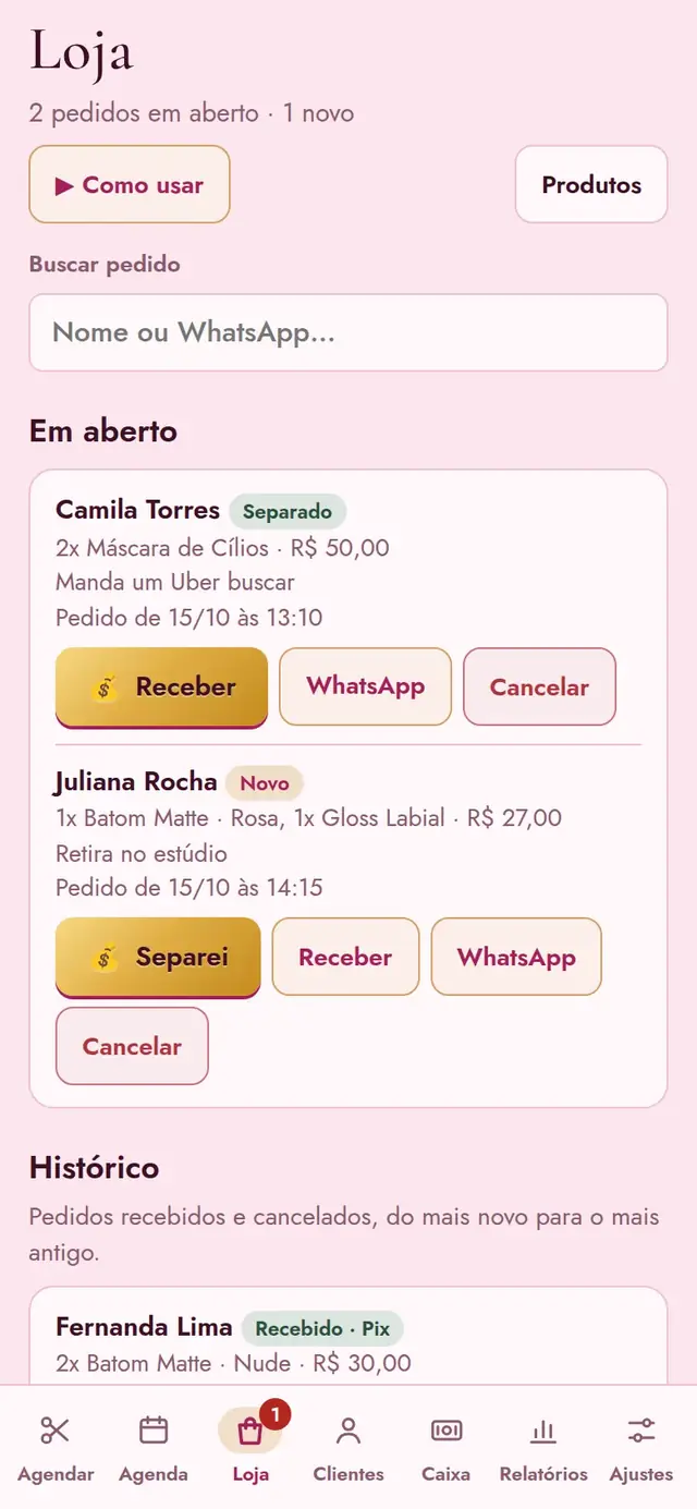 Painel, aba Loja: os pedidos em aberto com o produto, a cor e a forma de entrega