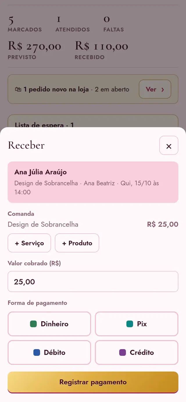 Painel, Receber: o valor do atendimento e a escolha da forma de pagamento